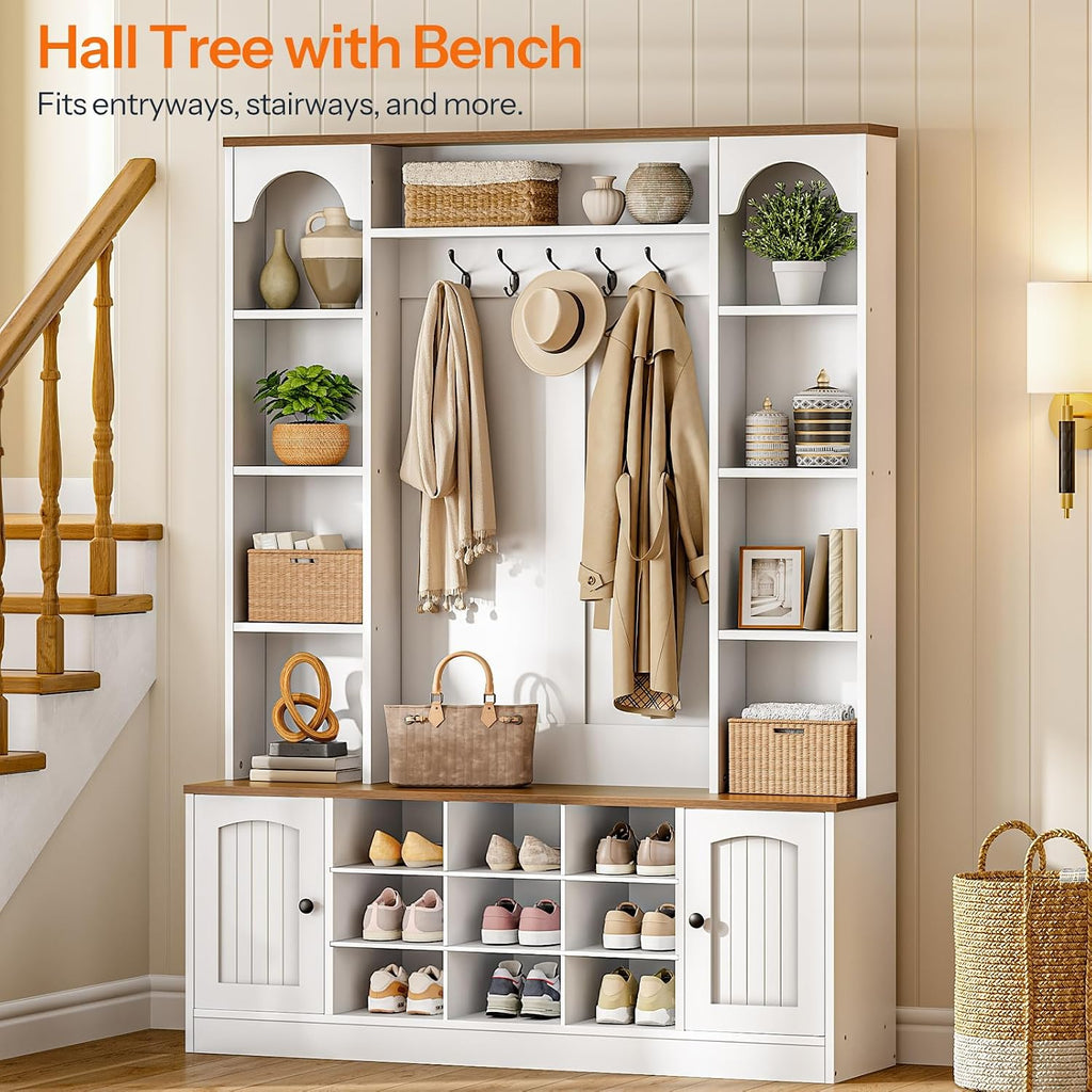 HOOBRO Hall Tree with Bench and Shoe Storage, 51" Entryway Bench with Coat Rack, Farmhouse Entryway Organizer with 5 Hooks, 8 Open Compartments, 9 Shoe Cubbies, for Hallway, White and Walnut WH180MT01