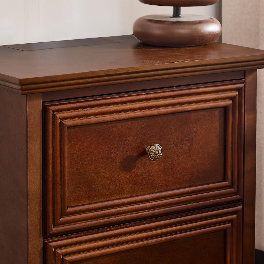 Traditional End Table with Storage & Charging Station 22.9-Inch Wood Modern Vintage Side Table Nightstand with 2 Drawers for Living Room Bedroom, Walnut