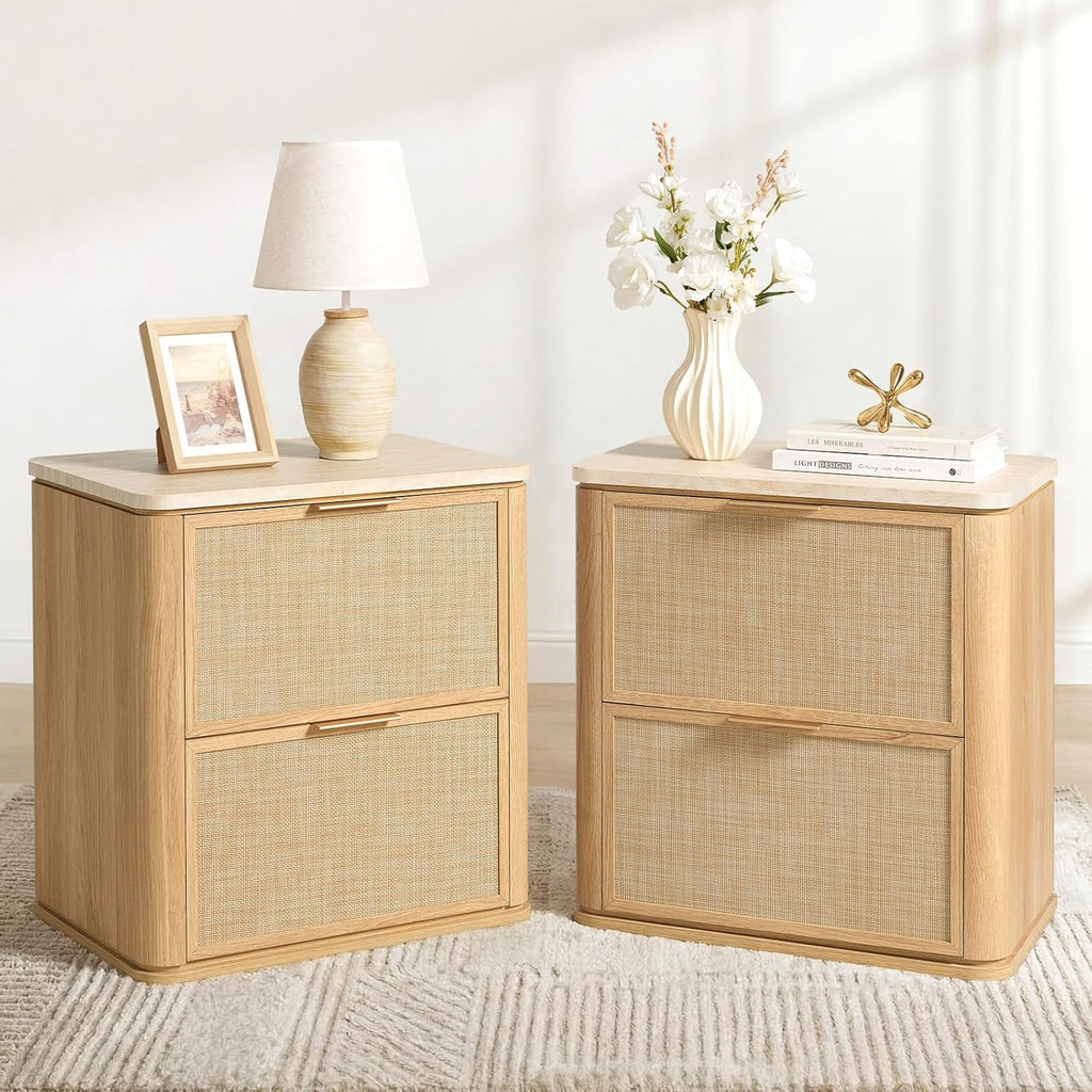NightStand Set of 2, 23.11" W Rattan Nightstand with 2 Drawers, Faux Marble Top Bedside Table, Boho Mid Century End Table for Bedroom Living Room Sofa Office, Natural Oak [FSC Certified]