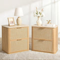 NightStand Set of 2, 23.11" W Rattan Nightstand with 2 Drawers, Faux Marble Top Bedside Table, Boho Mid Century End Table for Bedroom Living Room Sofa Office, Natural Oak [FSC Certified]