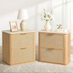 NightStand Set of 2, 23.11" W Rattan Nightstand with 2 Drawers, Faux Marble Top Bedside Table, Boho Mid Century End Table for Bedroom Living Room Sofa Office, Natural Oak [FSC Certified]