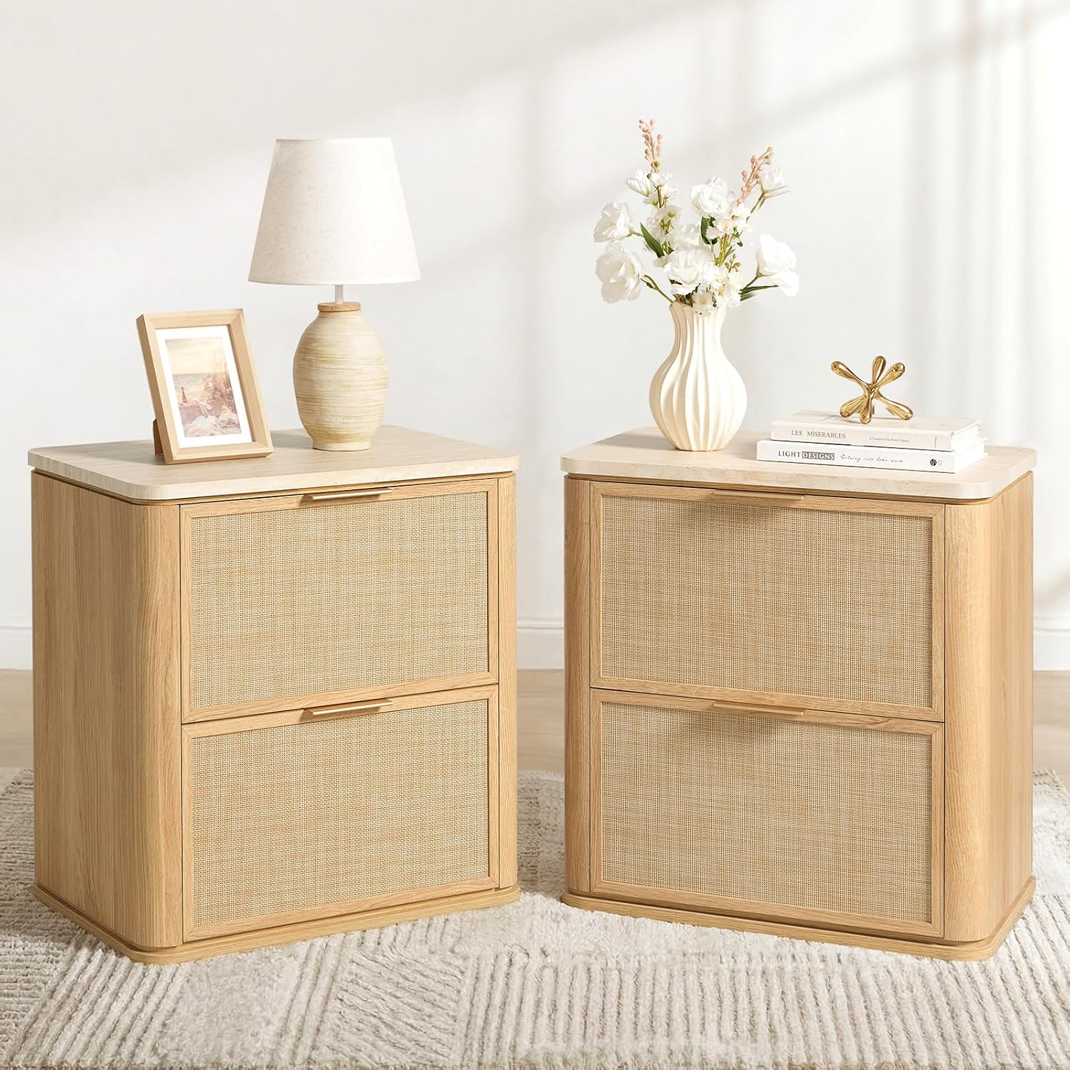 NightStand Set of 2, 23.11" W Rattan Nightstand with 2 Drawers, Faux Marble Top Bedside Table, Boho Mid Century End Table for Bedroom Living Room Sofa Office, Natural Oak [FSC Certified]