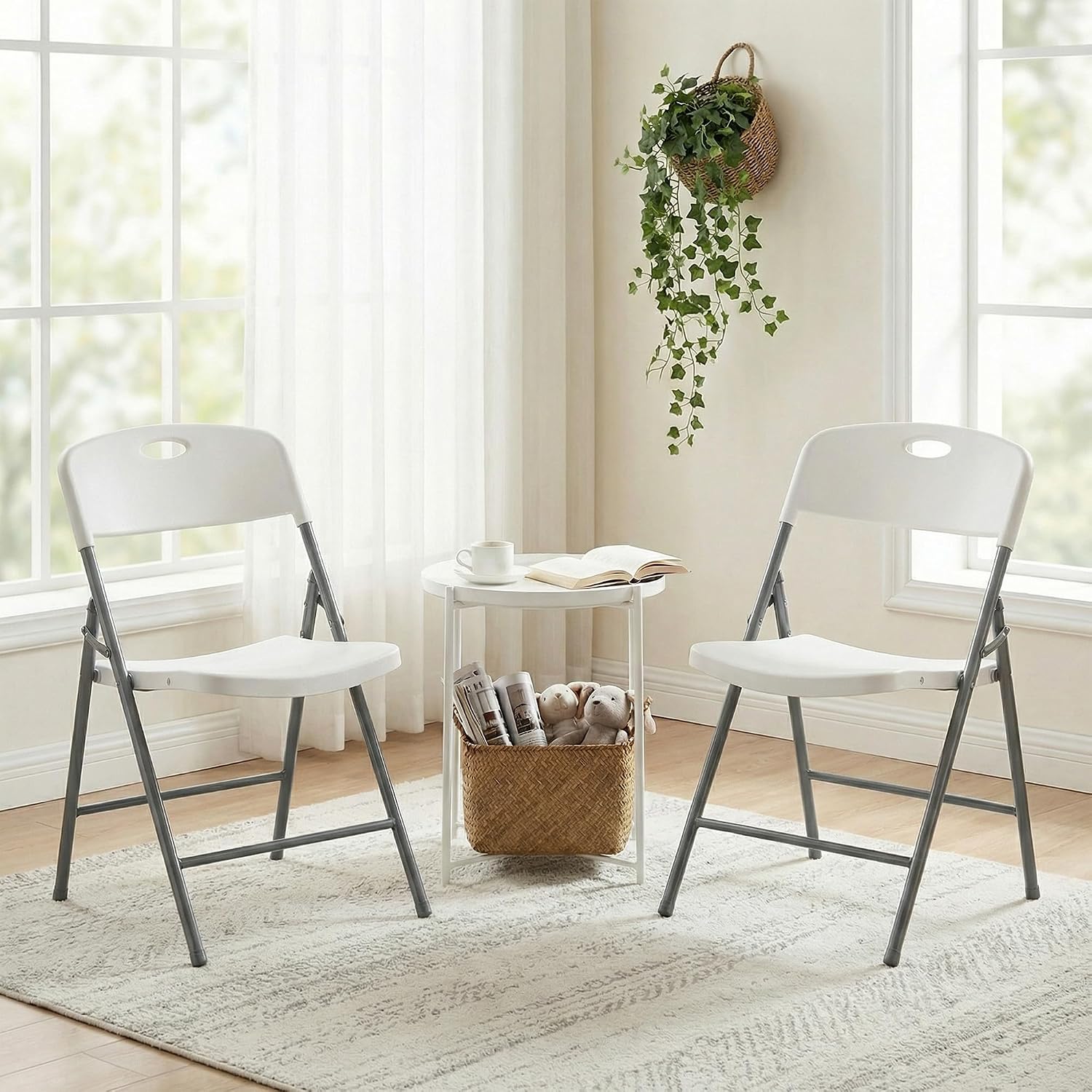 DUMOS 2 Pack White Folding Chairs, Plastic Portable Stackable Dining Chairs with Metal Frame, for Indoor Outdoor, for Home and Office, Conference, Party, Event, Wedding, Birthday, White