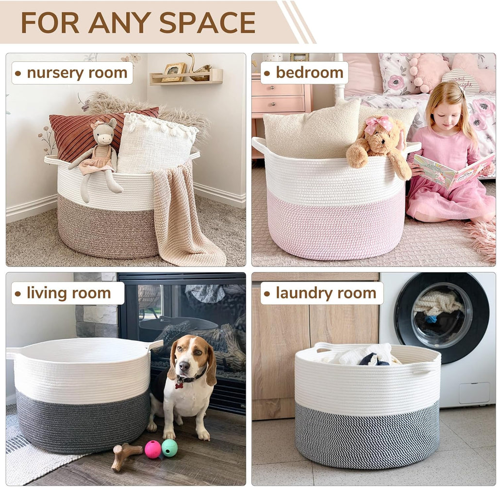 INDRESSME XXXLarge Blanket Basket for Living Room 21.7" x 21.7" x 13.8"-Storage Basket with Handle for Organizing Toy Pillows Woven Cotton Rope Laundry Basket Stuffed Animal Toy Storage for Play Room