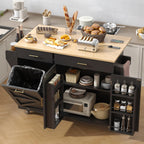 VVFLU 51.8" Kitchen Island Cart with Trash Can Storage, Kitchen Island on Wheels with Power Outlet & Drop Leaf, Rolling Kitchen Cart with Towel Rack & Spice Rack, Mobile Islands Table for Kitchen