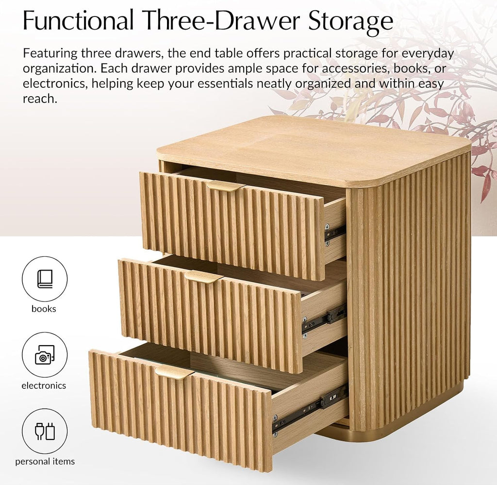 Fluted End Table Set of 2 with 3 Drawers, Solid Wood End Tables with Charging Station, USB Type-C Ports & Metal Base, Modern Beside Tables for Living Room, Natural