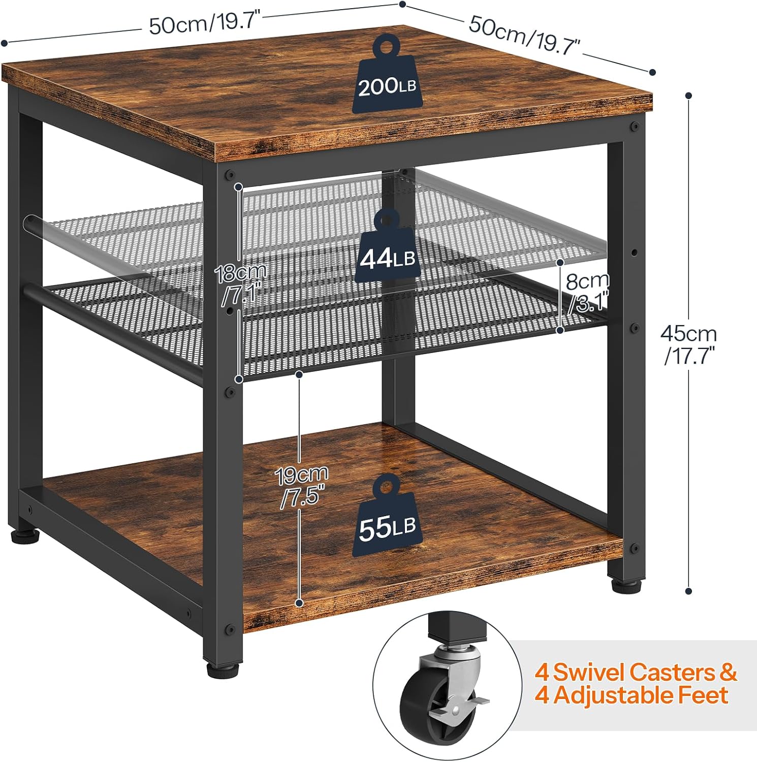 HOOBRO Mini Fridge Stand, Mini Fridge Cabinet with 2-Tier Storage Shelf, 19.7" x 19.7" Square End Table, Mini Fridge Table for Bedroom, Kitchen, Rustic Brown BF02BX01