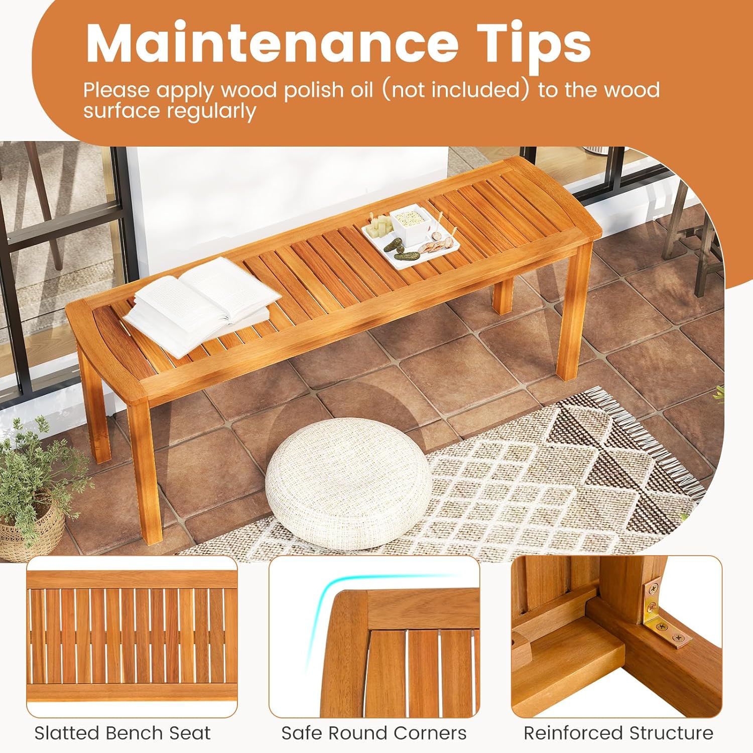 Tangkula Acacia Wood Outdoor Bench, 47" Patio Dining Bench with Slatted Seat, Backless Wooden Garden Bench, Farmhouse Furniture for Garden, Entryway, Poolside, Porch, Balcony, Park & Deck