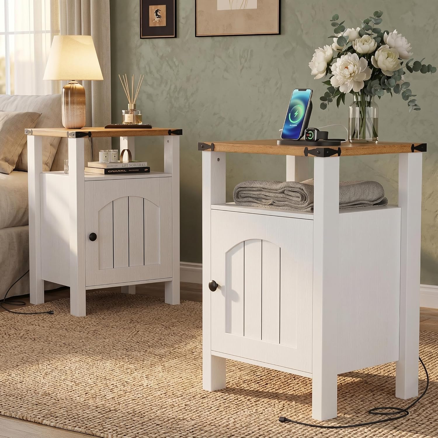 Farmhouse End Tables Set of 2 with Charging Station, White Nightstands with USB Ports & AC Outlets, Side Tables with Storage Cabinet and Open Shelf for Bedroom, Living Room, Apartment, 2026, Modern