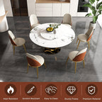 9-Pcs Round Dining Table Set with 31.5" Removable Lazy Susan, Modern Marble Dining Room Table Set of 8, Luxury 59" D Sintered Stone Dining Table with 8 Chairs and Stainless Steel Base for Home Kitchen