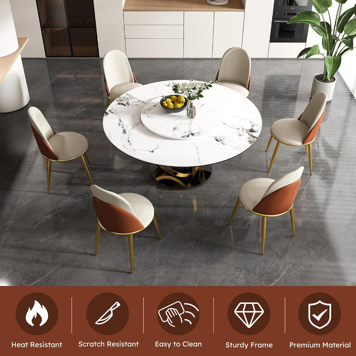 9-Pcs Round Dining Table Set with 31.5" Removable Lazy Susan, Modern Marble Dining Room Table Set of 8, Luxury 59" D Sintered Stone Dining Table with 8 Chairs and Stainless Steel Base for Home Kitchen