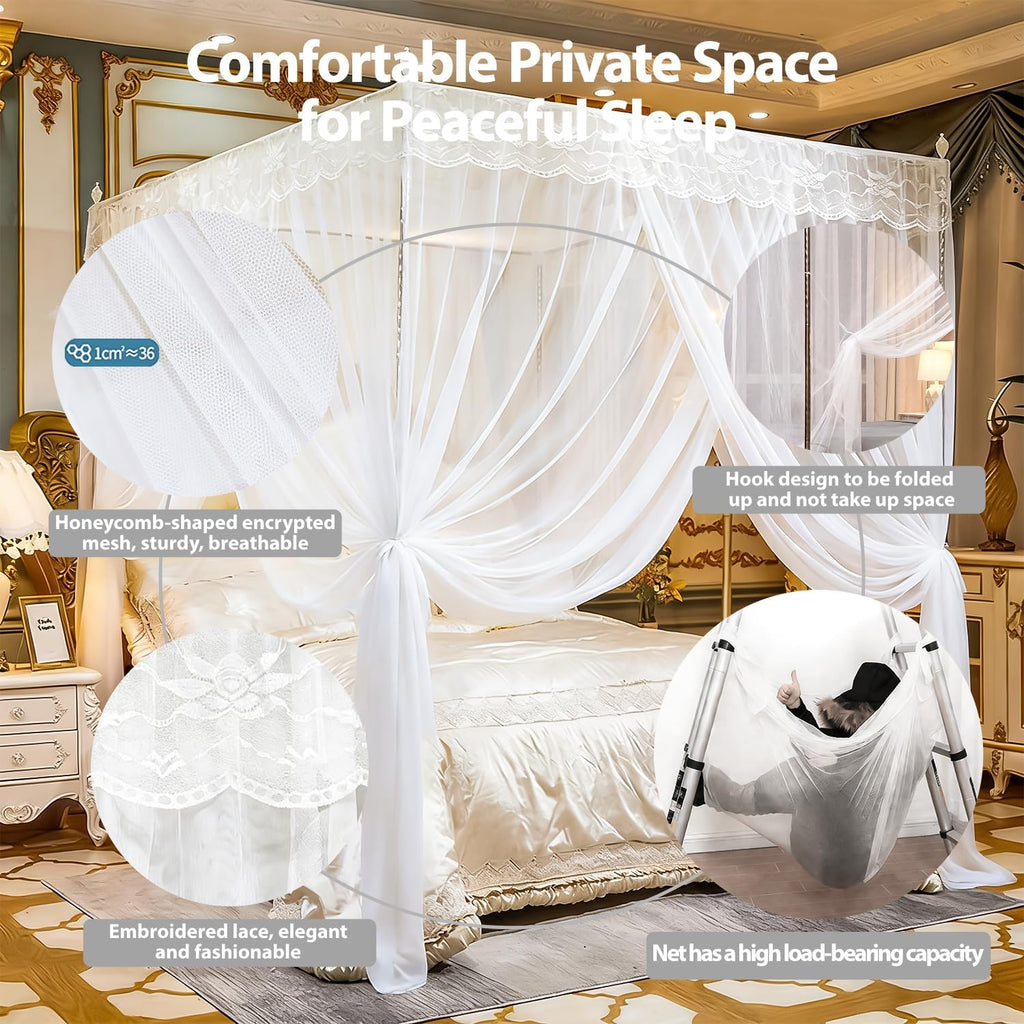 Large Space Mosquito Net, Three Side Opening Canopy Bed Curtains, Princess Bed Drapes Netting for Private Quiet Space Bedroom Decoration, L78xW59xH78 Inches for Queen Size Bed