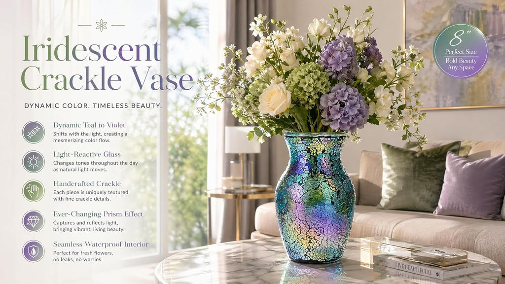 8" Iridescent Crackle Glass Vase, Handmade Deep Teal Green & Violet Mosaic Flower Vase, Dynamic Light-Reactive Art Centerpiece for Home Decor