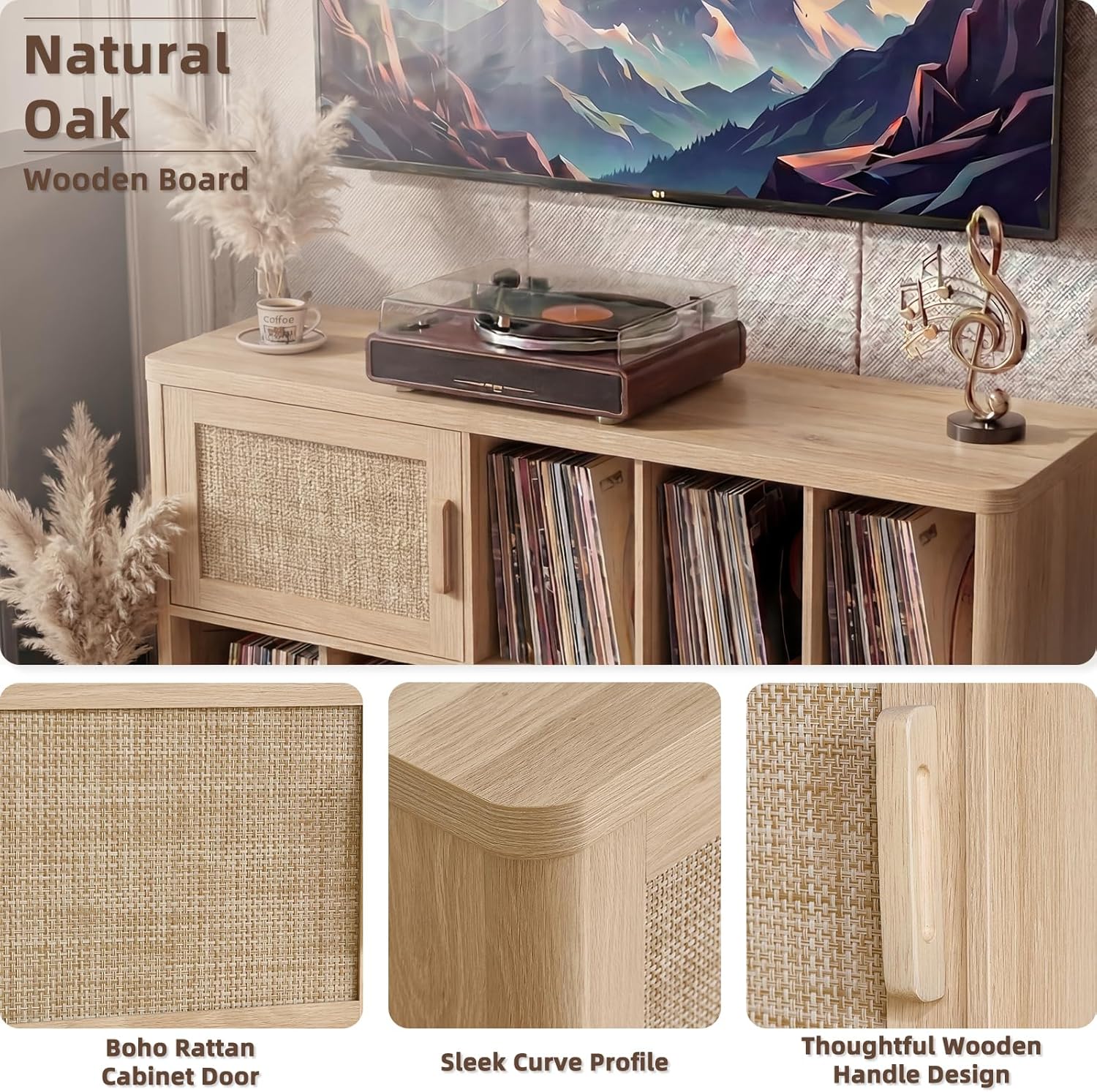 LELELINKY Large Record Player Stand - 39.5" Record Cabinet with Open Vinyl Storage Holds up to 400 Albums, Bohemian Vinyl Player Table with Rattan Doors, Turntable Stand for Living Room, Natural Oak