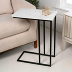 Eyely DNE4005A Mae 24.25" Designer Metal C-Shaped End Table and Side Couch Table w/White Marble Top for Living Room, Bedroom, Black