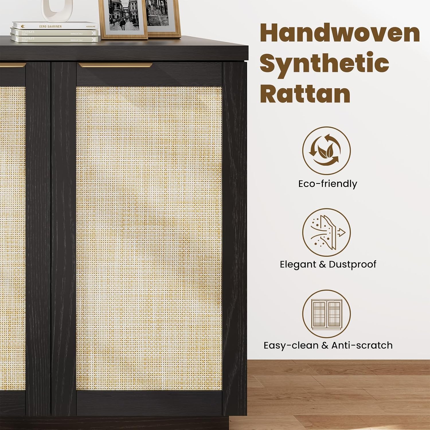 HOMMPA 31.5'' Sideboard Buffet Cabinet with Storage Boho Kitchen Buffet Cabinet with 2 Doors and Adjustable Shelves, Rattan Wood Coffee Bar Cabinets/Table for Living Room, Hallway & Kitchen Black