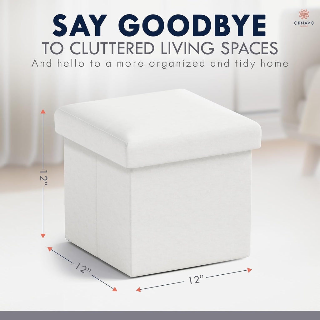 Ornavo Home Small Square Storage Ottoman, Foldable Linen, 12x12x12, White | Collapsible Cube Design; Foot Rest Stool Seat; Ideal for Living Room, Bedroom, Home Office or Dorm