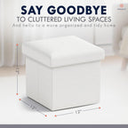 Ornavo Home Small Square Storage Ottoman, Foldable Linen, 12x12x12, White | Collapsible Cube Design; Foot Rest Stool Seat; Ideal for Living Room, Bedroom, Home Office or Dorm