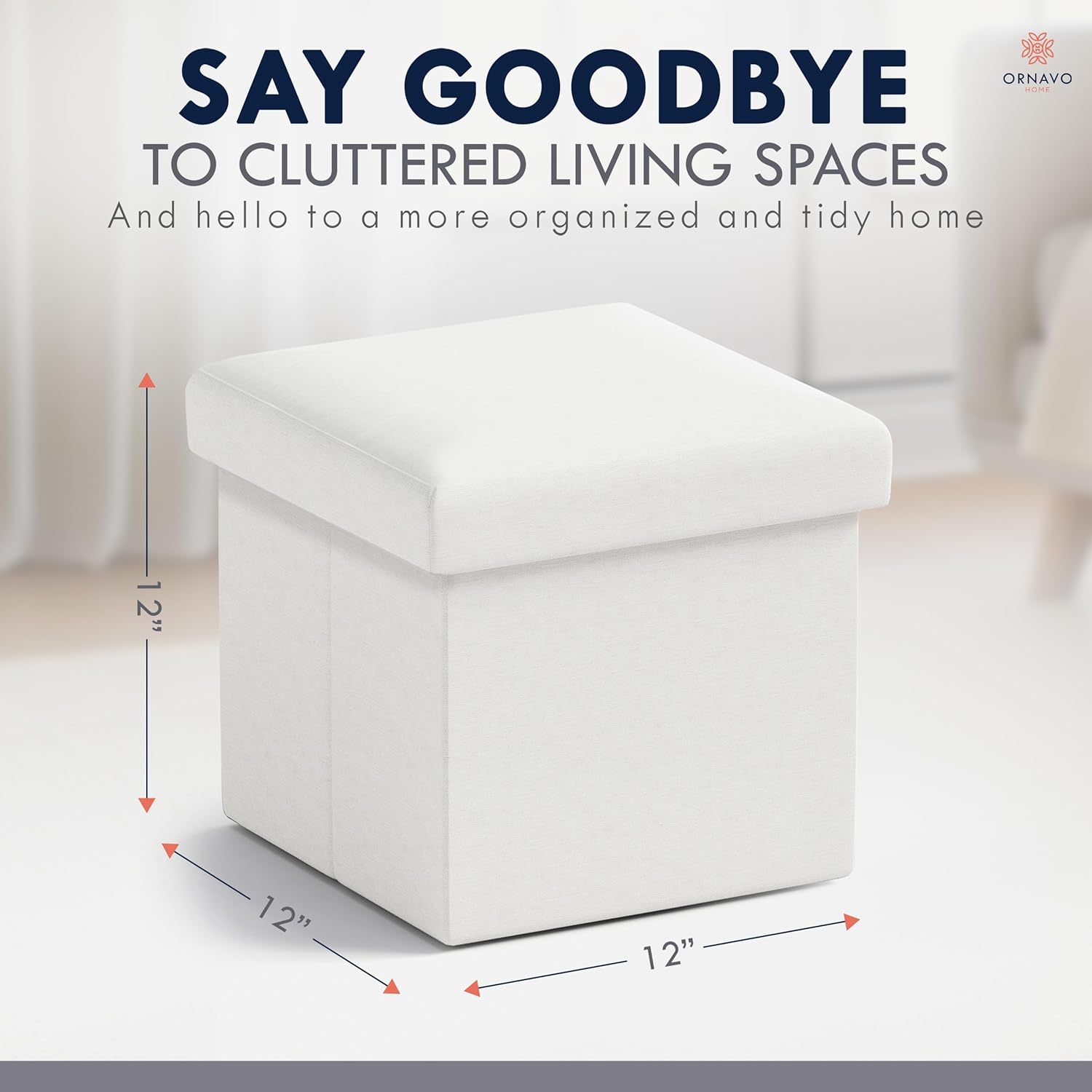 Ornavo Home Small Square Storage Ottoman, Foldable Linen, 12x12x12, White | Collapsible Cube Design; Foot Rest Stool Seat; Ideal for Living Room, Bedroom, Home Office or Dorm