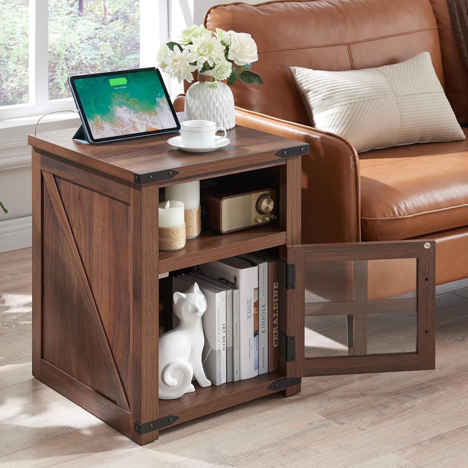 Barnyatoh Farmhouse Nightstand Set of 2 with Charging Station & Glass Door | 18" Night Stand, Rustic End Table,Wood Sofa Side Bedside Table with Open Storage Shelf for Living Room, Bedroom,Walnut