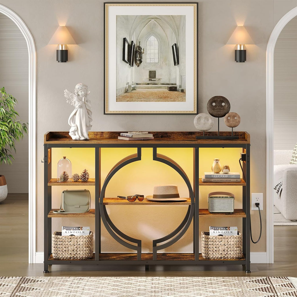 GOLDDAY 47.2 Inch Console Tables with Charging Station and LED Light, 4 Tier Rustic Brown Industrial Sofa Table with storage for Entryway, Wooden Shelves Entry Table for Hallway, Entrance, Living Room