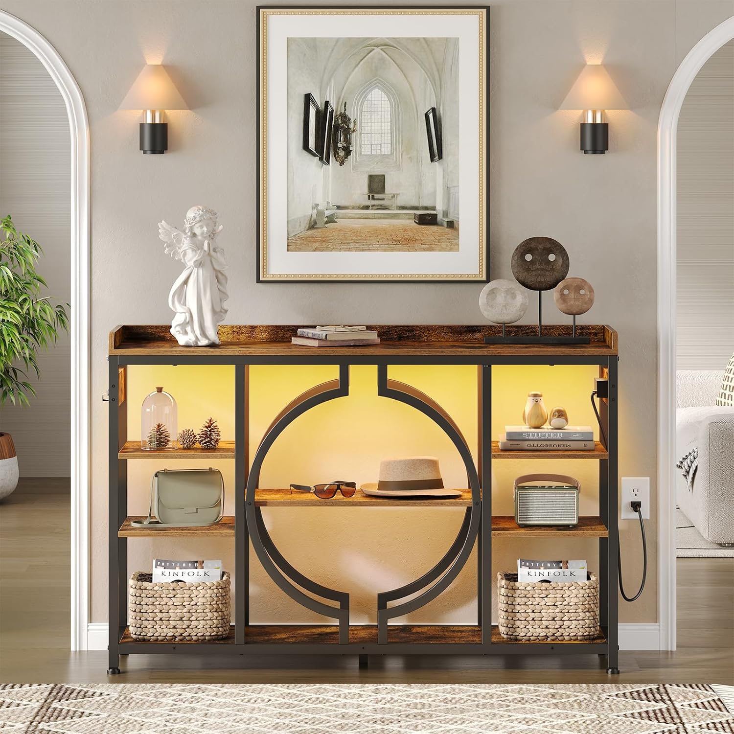 GOLDDAY 47.2 Inch Console Tables with Charging Station and LED Light, 4 Tier Rustic Brown Industrial Sofa Table with storage for Entryway, Wooden Shelves Entry Table for Hallway, Entrance, Living Room