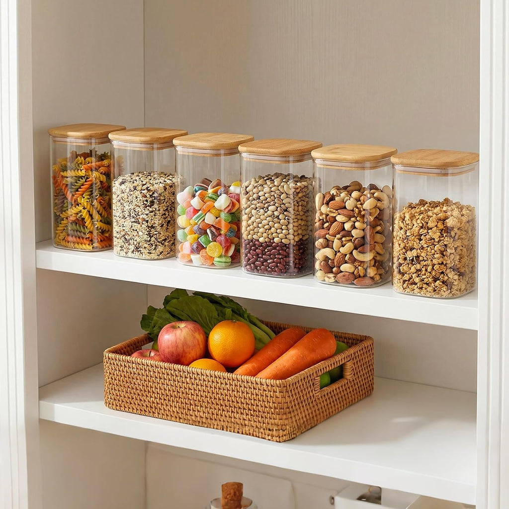 Moretoes 6 Pack 1.2qt Square Glass Storage Containers with Bamboo Press Lids, Airtight Pantry Storage Jars for Flour, Sugar, Dry Goods