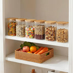 Moretoes 6 Pack 1.2qt Square Glass Storage Containers with Bamboo Press Lids, Airtight Pantry Storage Jars for Flour, Sugar, Dry Goods
