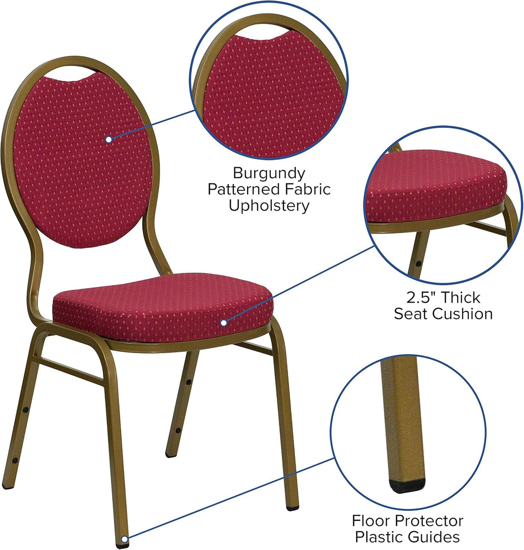 EMMA + OLIVER Teardrop Back Banquet Chair, Burgundy Patterned Fabric/Gold Frame
