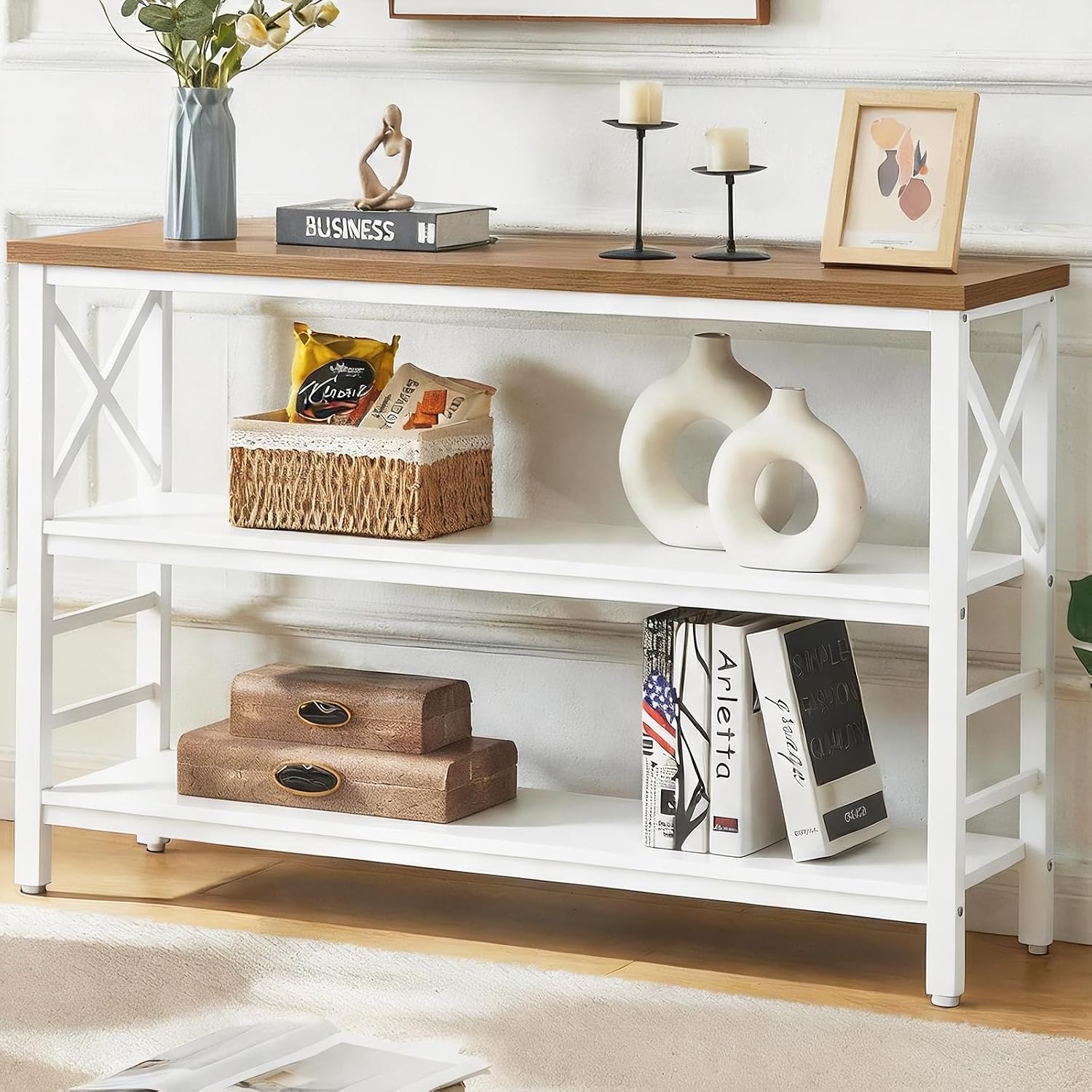 HOMBAZAAR Sofa Table,Industrial Console Table with Storage,Entryway Table with Engineered Wood and Metal,Rustic 3 Tier Shelf for Living Room,Hallway,White and Brown,47 Inch