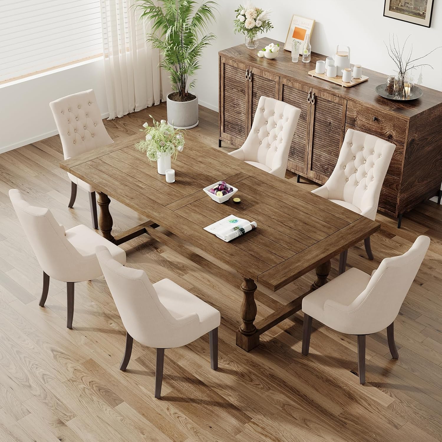 COLAMY Wingback Upholstered Dining Chairs Set of 4, Fabric Side Dining Room Chairs with Tufted Button, Living Room Chairs for Home Kitchen Resturant- Beige
