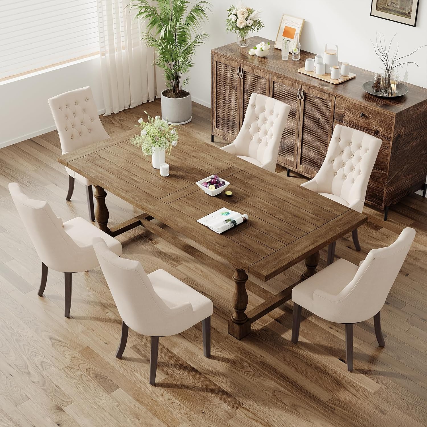 COLAMY Wingback Upholstered Dining Chairs Set of 6, Fabric Side Dining Room Chairs with Tufted Button, Living Room Chairs for Home Kitchen Resturant- Beige