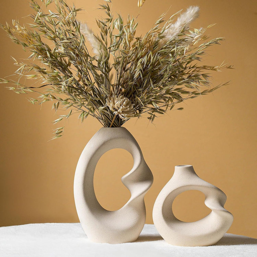 Modern White vase Set of 2,Pampas Grass Ceramic vases for Wedding Party,Aesthetic Flower Vase for Home Decor,Kitchen Tables,Living Room,Bedroom,Console,Wooden Shelf,Office,Coffee Decoration(2 Pcs)