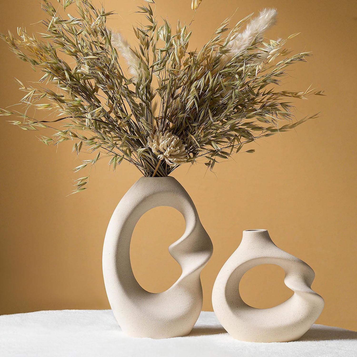 Modern White vase Set of 2,Pampas Grass Ceramic vases for Wedding Party,Aesthetic Flower Vase for Home Decor,Kitchen Tables,Living Room,Bedroom,Console,Wooden Shelf,Office,Coffee Decoration(2 Pcs)