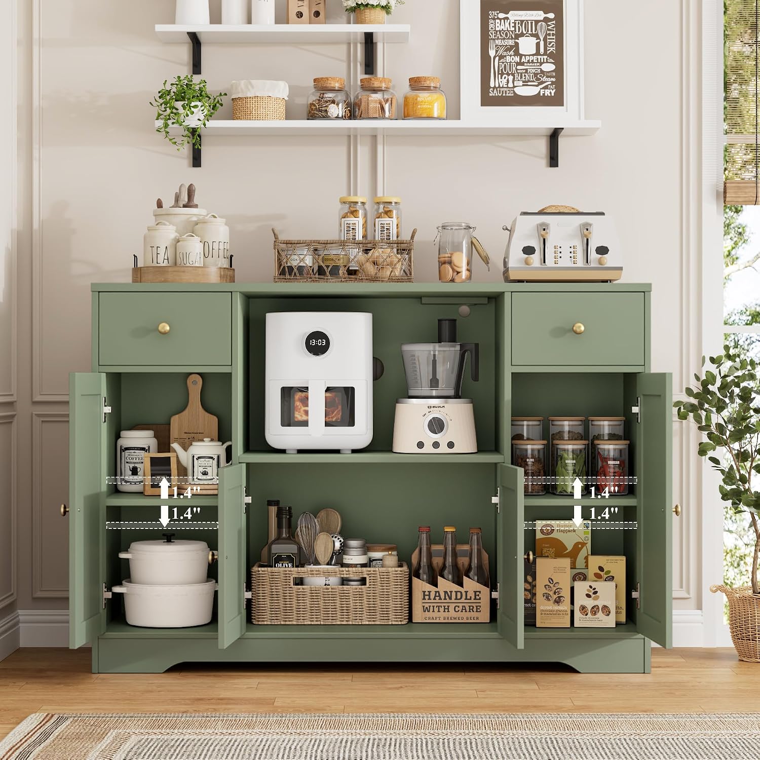 HOSTACK Microwave Cabinet with Charging Station, 47" W Kitchen Storage Cabinet with Microwave Stand, Farmhouse Buffet Sideboard with Drawers and Shelves for Kitchen, Dining Room, Green