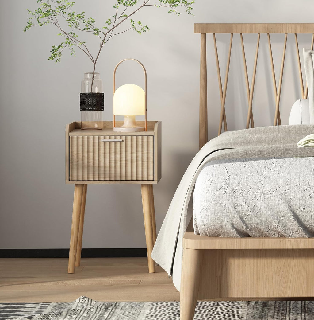 LAATOOREE Nightstand Set of 2, Small Bed Side Table with Fluted Door, End Table with Solid Wood Legs, Mid-Century Bedside Table for Bedroom Small Space
