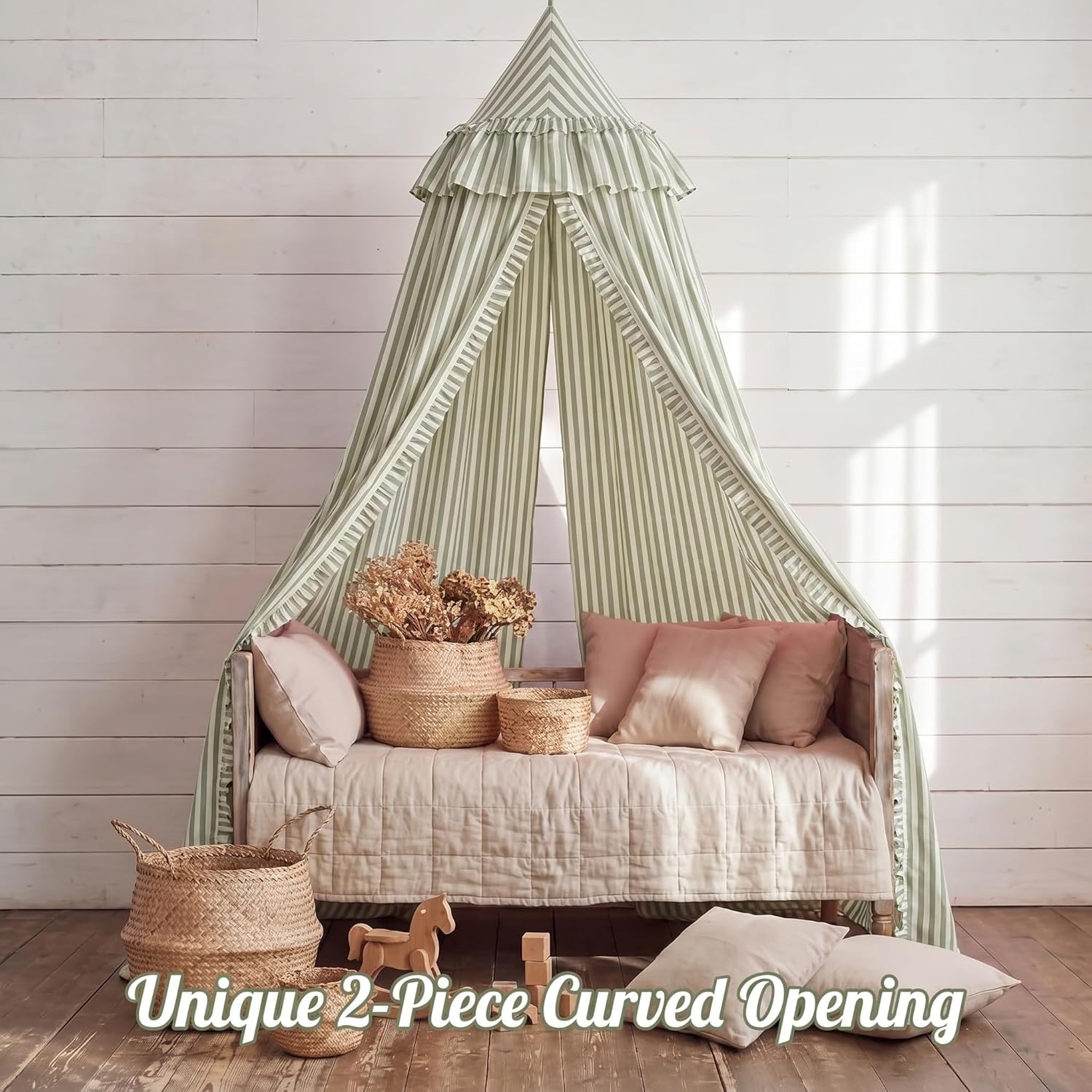 SmoothNovelty Green Striped Bed Canopy with Ruffles, Soft Cute Decorative Tent, Hanging Bed Curtains for Reading Nook Play Area, Adult Bedroom Circus Tent Canopy