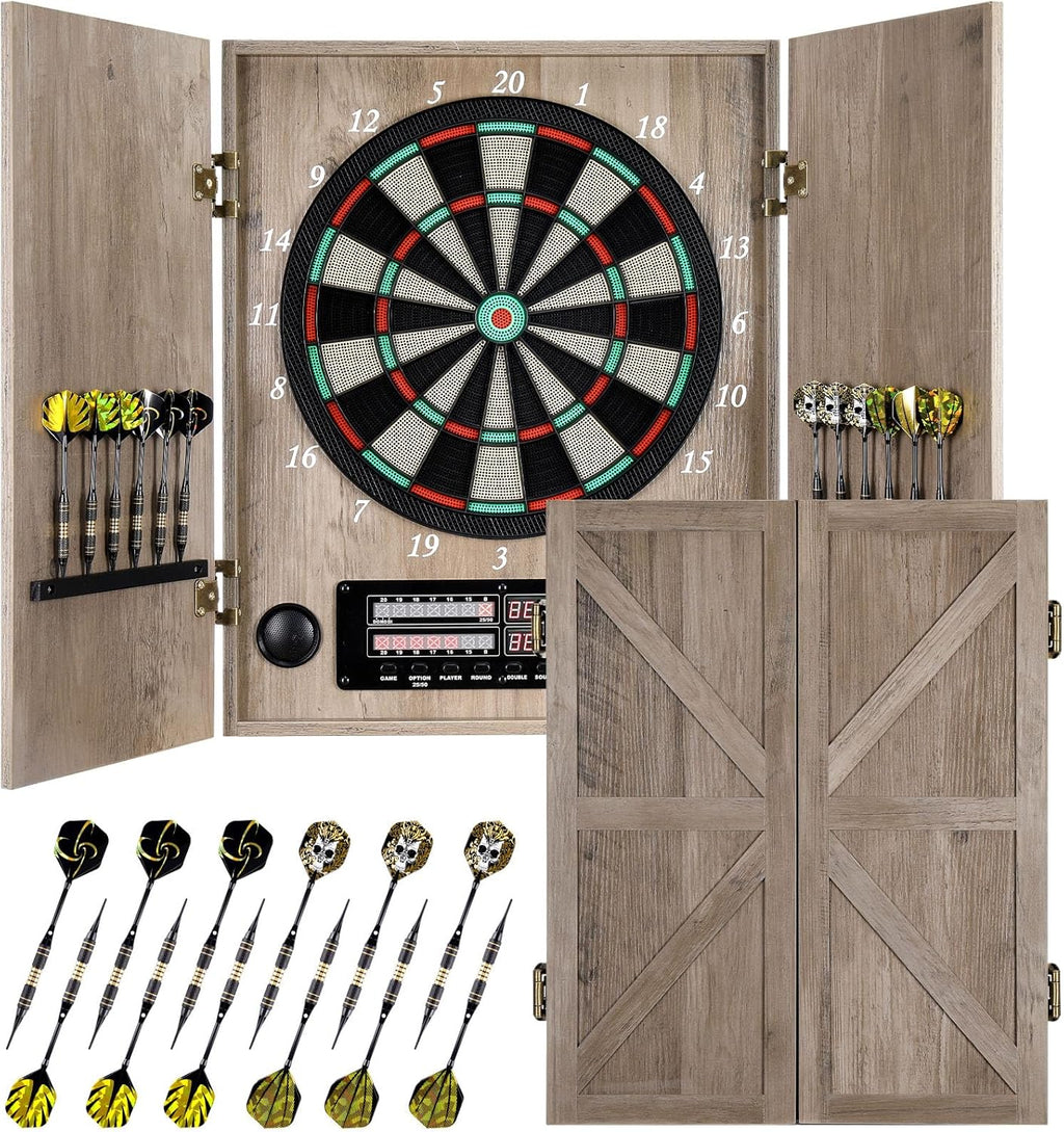 Electronic Dart Board, Decorative Dart Board Cabinet Set for Adults [12*Bronze Soft Tip Darts] [Cricket Game Mode]- Wooden Electric Dartboard Cabinet for Family Game Rooms