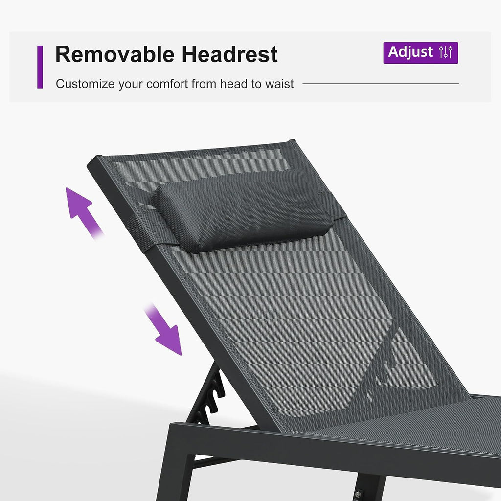PURPLE LEAF Outdoor Oversized Lounge Chair Set of 3 Pool Lounger Patio Chaise Aluminum Frame with Side Table and Wheels for Outside Sunbathing Tanning Recliner Including Pillows Gray