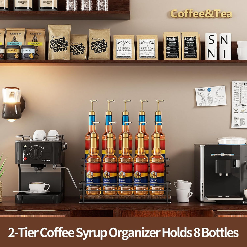 Nuovoware Coffee Syrup Organizer, 2-Tier 10 Bottles Bar Organizer, Separable Metal Rack with Wooden Base Whiskey Wine Dressing for Countertop Kitchen Coffee Bar, Black