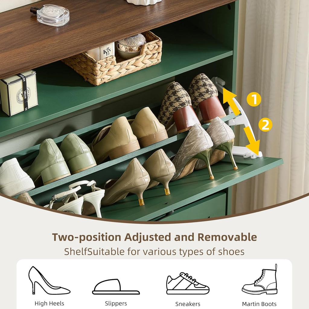 Joaxswe Shoe Cabinet Storage for Entryway with 2 Flip Drawers 2 Hook Open Storage Layer Rack Narrow Organizer Slim Hidden Wood Shoe Cabinet Furniture Dark Green