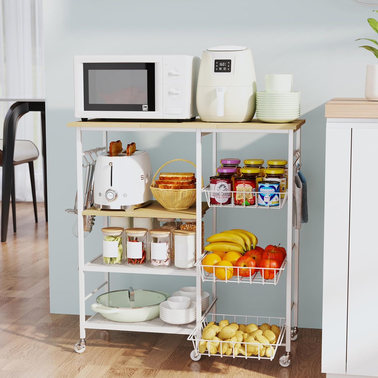HapiRm Rolling Kitchen Microwave Cart - 4 Tier Microwave Table Stand with Pull-Out Baskets, Coffee Bar Baker's Rack with Wheels Rolling Storage Cart Organizer Shelf for Living Room Office, Balcony