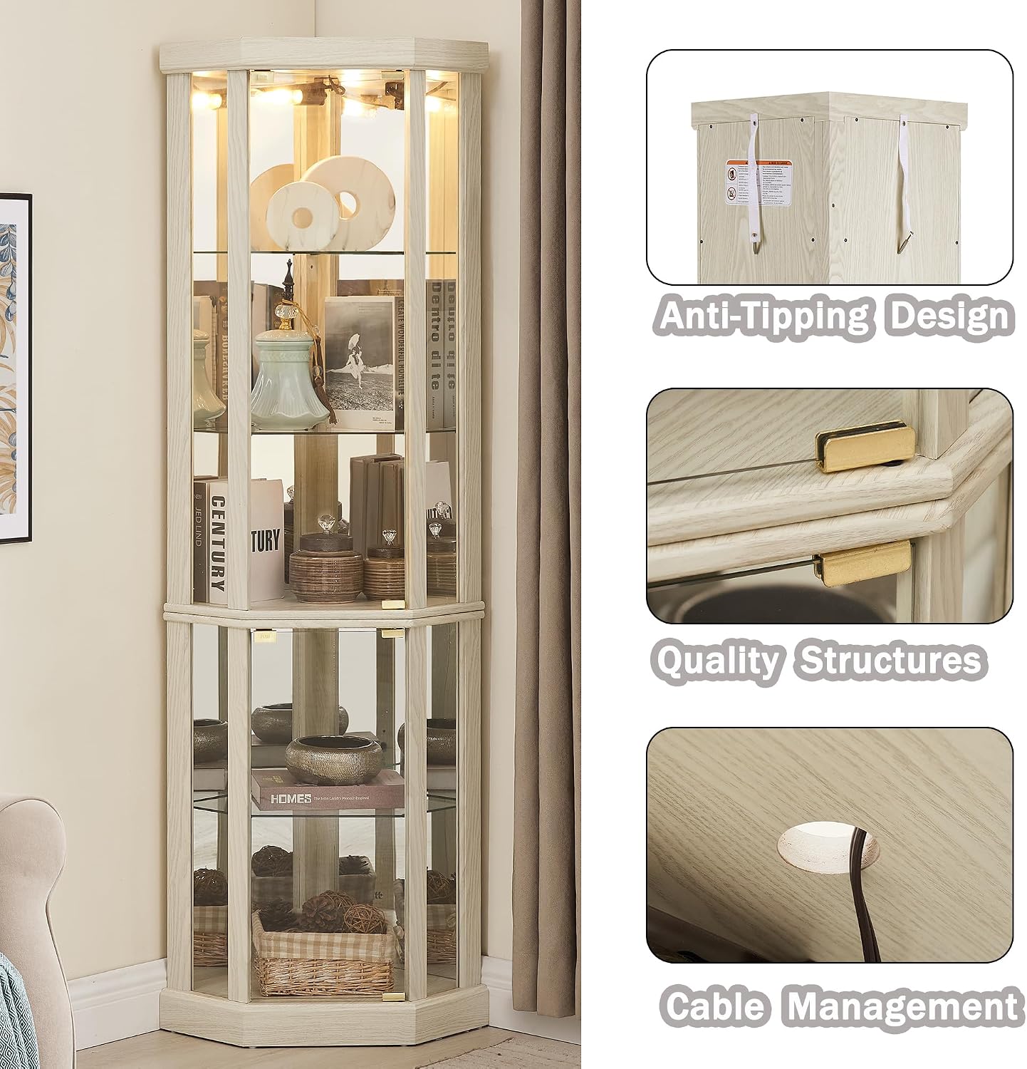 69" H Lighted Curio Cabinet Corner Display Case, Corner Glass Case with Adjustable Shelves and Tempered Glass, Wooden Curio Cabinet w/Mirrored Back Pane for Living Room