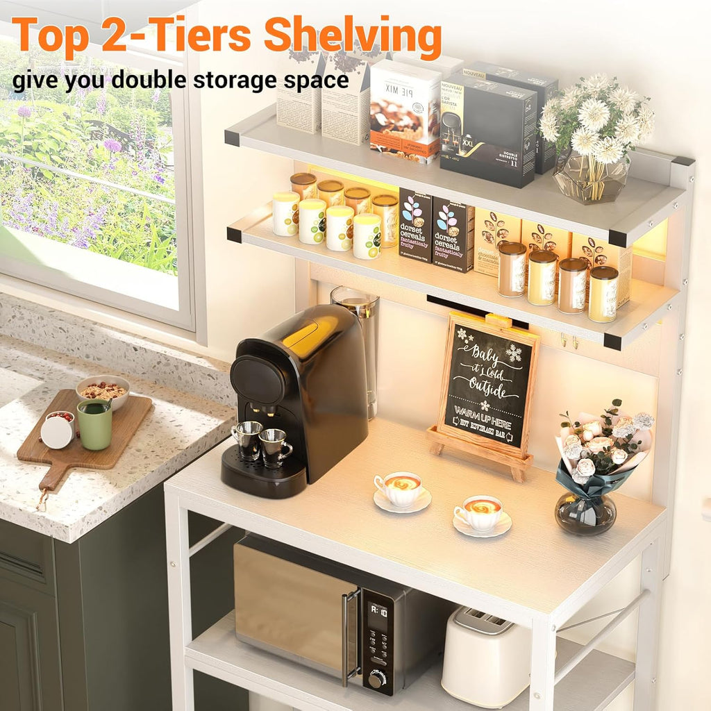Aheaplus Bakers Rack with Power Outlet, Microwave Stand, 5 Tiers Coffee Bar Station with Led Lights, Kitchen Storage Shelf with 6 S-shaped Hooks, Kitchen Rack for Spices, Pots and Pans, White