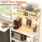 Aheaplus Bakers Rack with Power Outlet, Microwave Stand, 5 Tiers Coffee Bar Station with Led Lights, Kitchen Storage Shelf with 6 S-shaped Hooks, Kitchen Rack for Spices, Pots and Pans, White