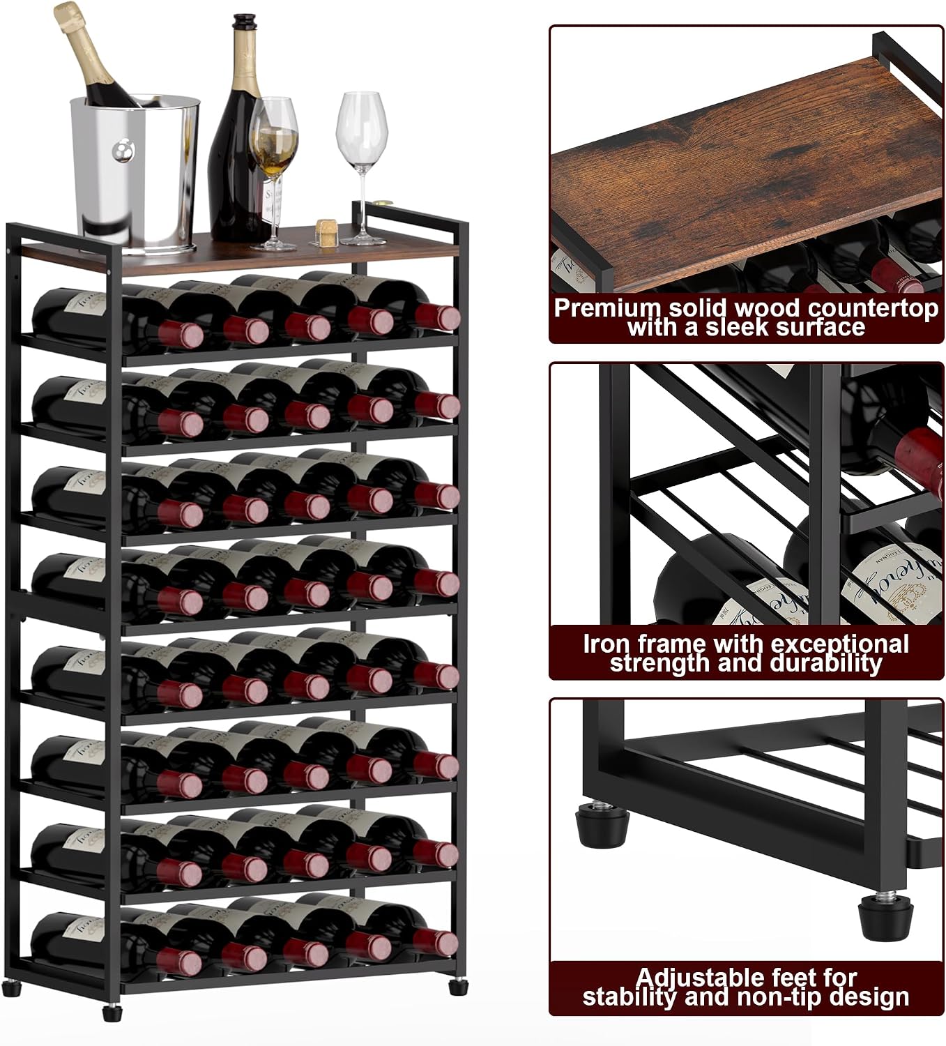 40 Bottle Wine Rack Freestanding Floor, 8-Tier Wine Storage Racks with Table Top, Detachable Wine Bottle Holder, Bar Stand Display Shelf for Kitchen, Bar, 18" L x 9.3" W x 33" H