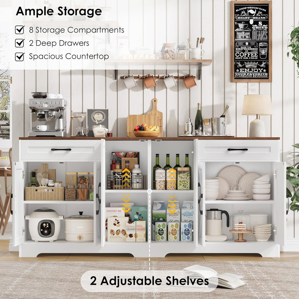 Large Sideboard Buffet Cabinet 71 Inch with Storage, Adjustable Shelves and 6 Barn Doors, Farmhouse Wood Coffee Wine Bar Console Table for Kitchen and Dining Room, White