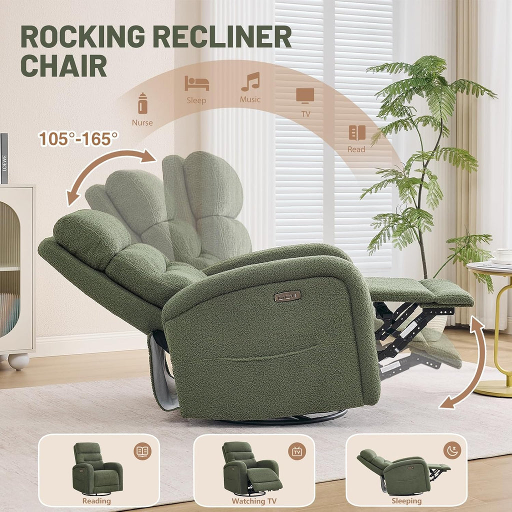 Power Swivel Rocker Recliner Chair for Nursery,Electric Rocking Reclining Chair, Upholstered Glider Nursery Recliner for Living Room, Bedroom, Teddy Green