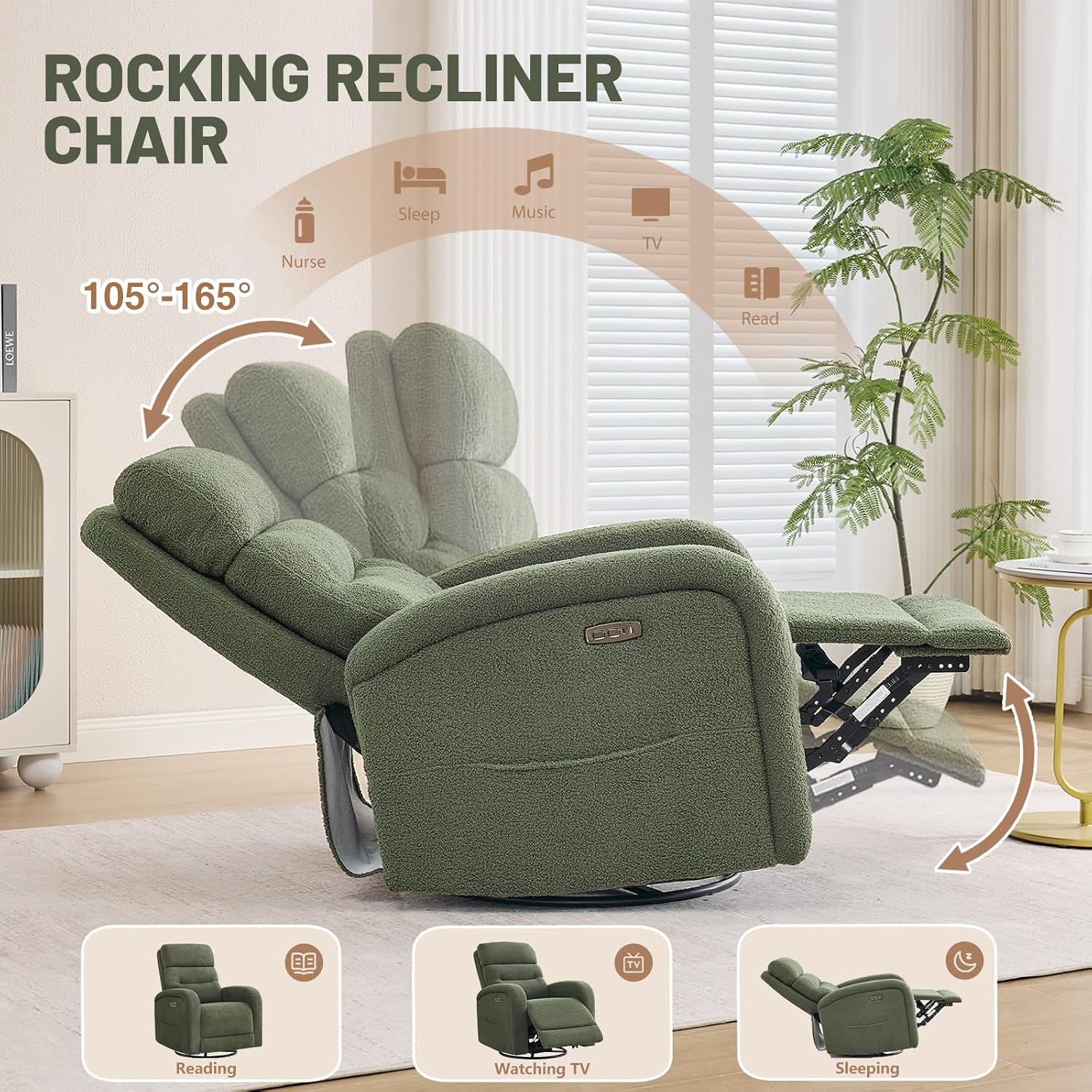 Power Swivel Rocker Recliner Chair for Nursery,Electric Rocking Reclining Chair, Upholstered Glider Nursery Recliner for Living Room, Bedroom, Teddy Green