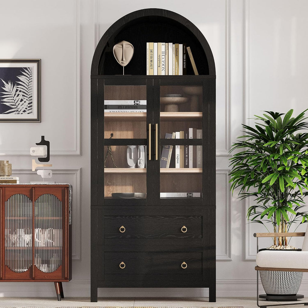 HRVEOCEI Black Arched Cabinet with Glass Doors, Tall Arch Kitchen Pantry with 2 Large Drawers & Adjustable Shelves/Golden Handles, Wood Hutch Cabinet for Kitchen, Dining Room, Living Room
